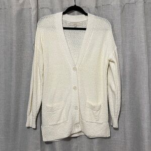 LOFT brand Cardigan-XS-White-Cotton-Boucle Style-4 Button-V Neck-2 Pockets-EUC